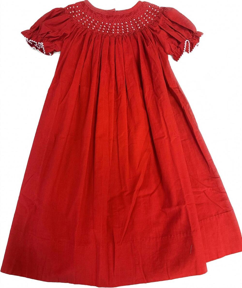 NEW DELANEY girl's corduroy smocked pearl bishop dress in red